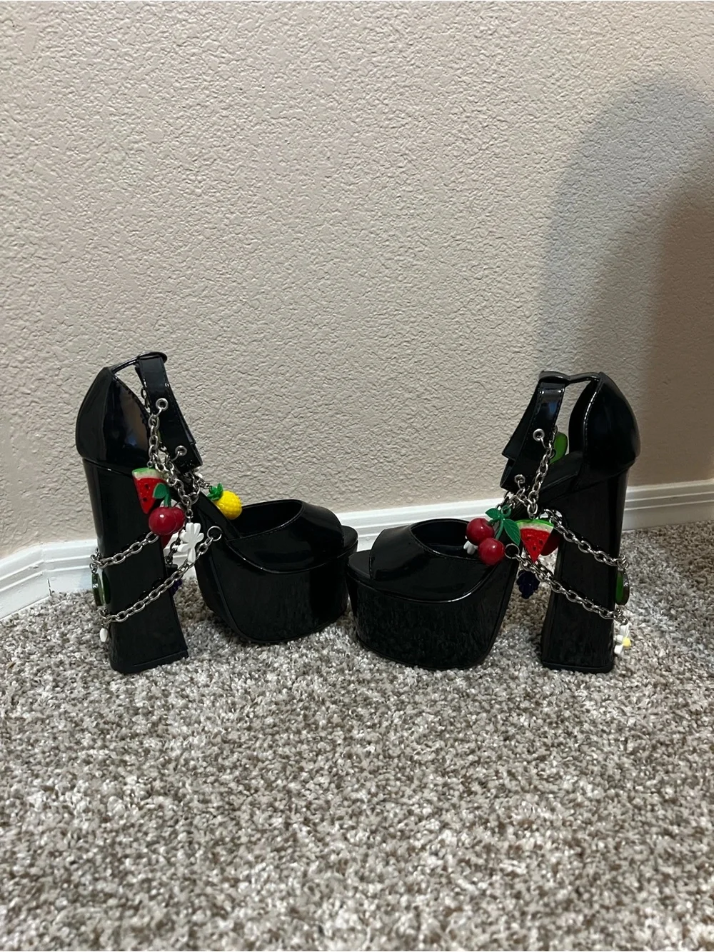 Fruit Charm Chain Grommet Patent Leather Sugar Thrillz Platform Heels